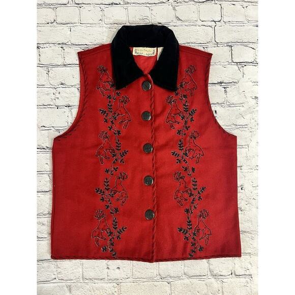 Vintage Life Style Classic Vest Red Embroidered Reindeer Button Wool Christmas - Picture 5 of 11